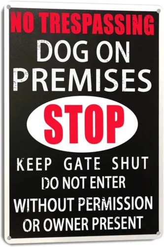 Warning Beware of Dog Metal Sign No Trespassing Dog on Premises Stop Keep Gate S