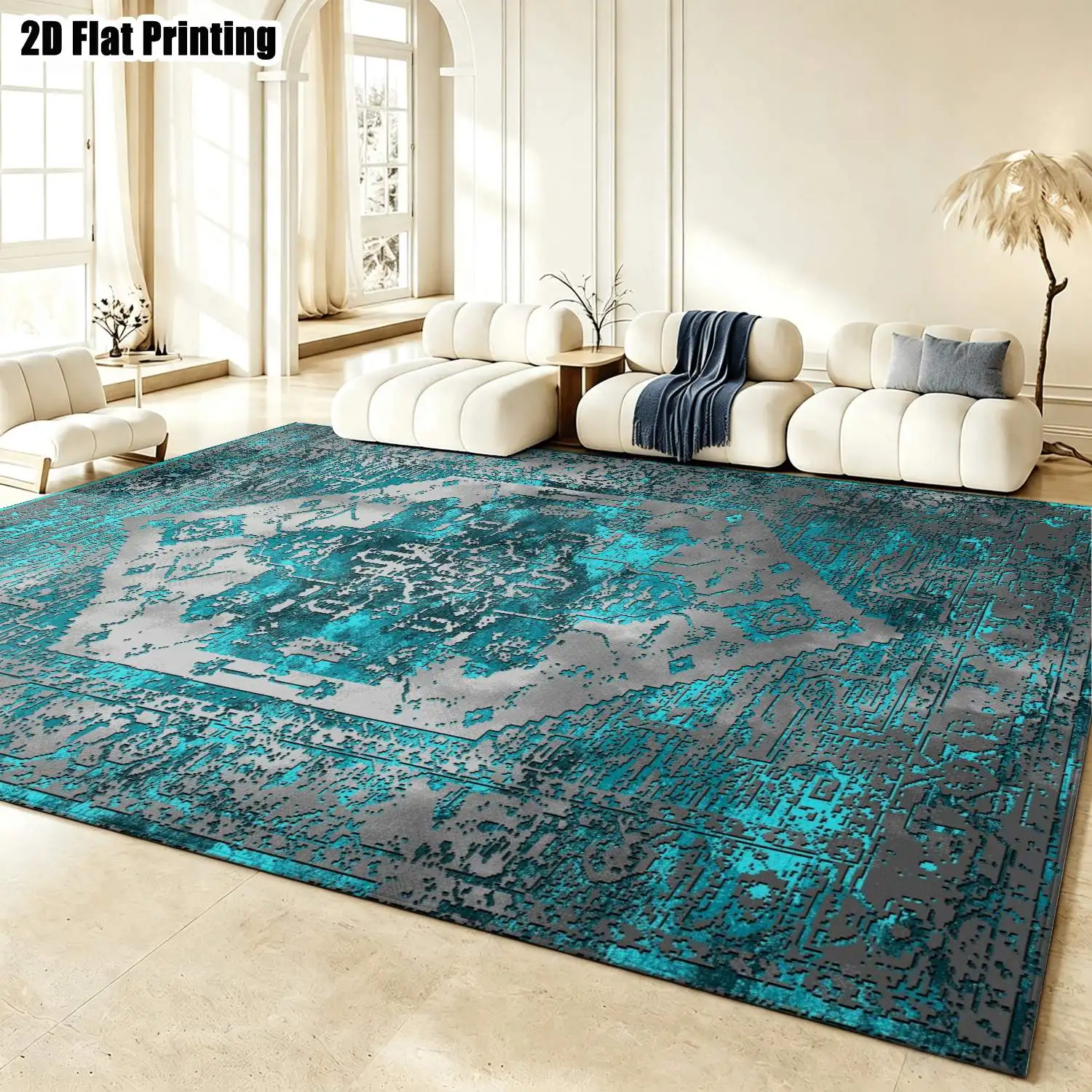 1Pc 2D Printed Carpet: Blue-Grey Retro Geometric Patterns, European Style, Machine Washable, Multi-Size, Ideal for Home Decor & Multi-Scene Use