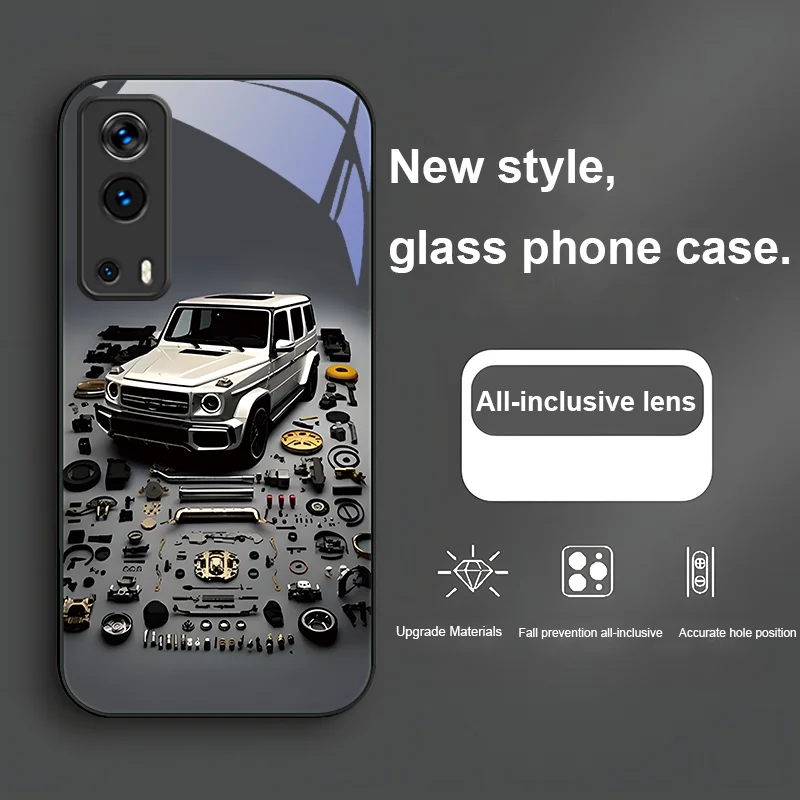 Grey car configuration For VIVO Y72 X100 Pro Y55 16 V20 29 V30 X60 Pro Y11s Y20 X80 Pro 5G Y36 4G V23e Tempered glass phone case