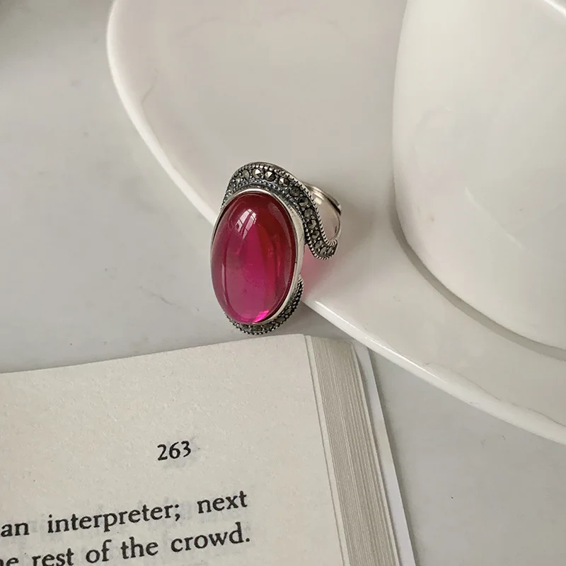 Personality Exaggeration Vintage Red Garnet Stone Thai Silver Ladies Engagement Rings Jewelry For Women Birthday Gifts No Fade