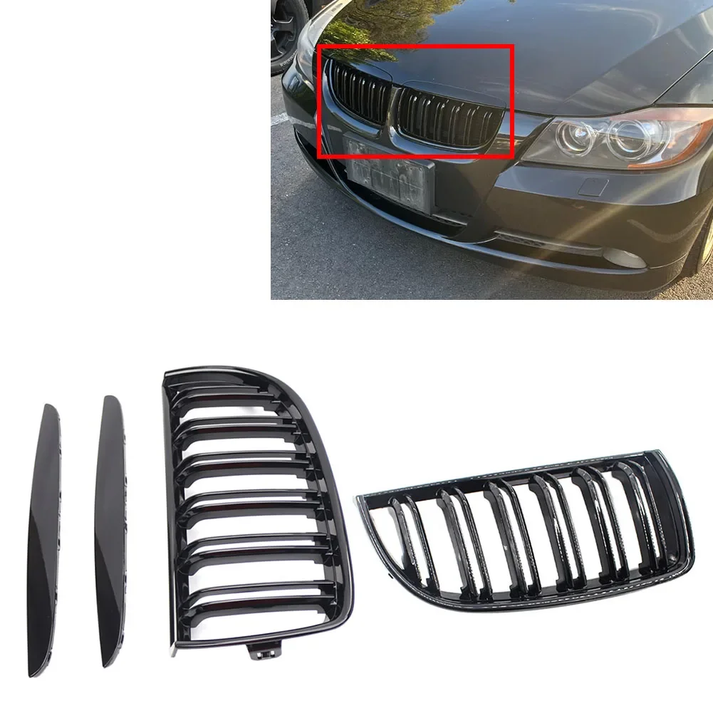 Accessorie 2Pcs Car Dual Slat Front Kidney Grille Glossy Black For BMW 3-Series E90 2005-2008 For E91 Wagon 06-08