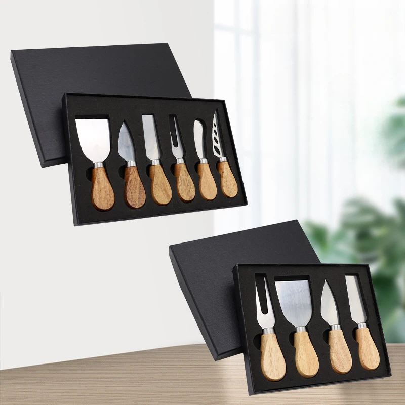 Juego de cuchillos para queso de roble, cuchillo para queso y cuchillo para mantequilla, caja de papel Kraft, embalaje, herramientas para queso, 4 Uds./6 uds.