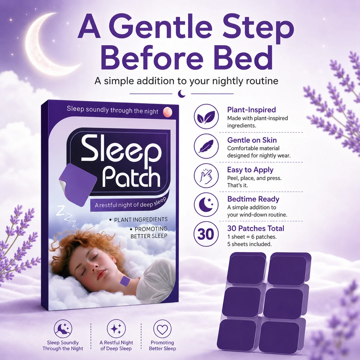 30PCS Sleep Patch Nighttime Wellness Patch Plant-Inspired Comfortable Night Patch for Bedtime Routine Travel Home