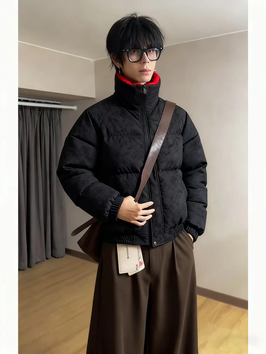 

Bla Dyed PU Leather Cotton Jaet Men's Winter Thi Warm Stand Collar ort Bread Sle Coat Cleanfit Casual Long Sve