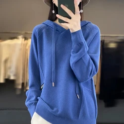Korean Hoodies Cashmere Sweater 2024 New Spring Autumn Loose Solid Women's Hooded Knitted Pullover Women Casual Knitwear Tops