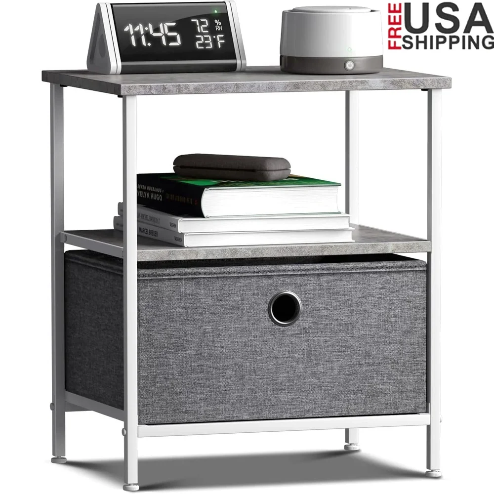 

Rustic Grey End Table with Wood Top and 1 Pull-Out Fabric Drawer Compact Storage in Bedroom Office Living Room