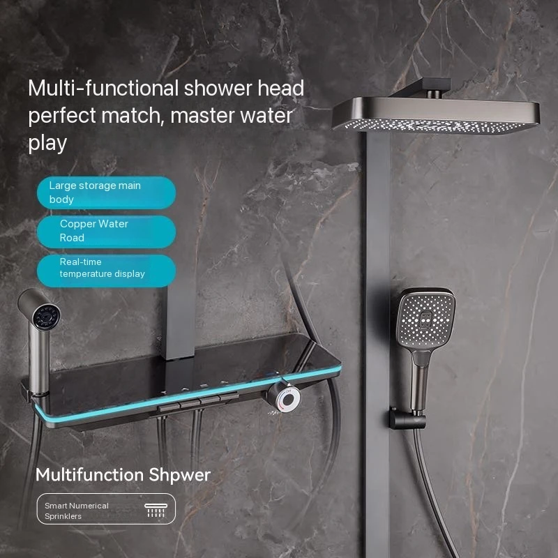Gray Piano Button Ambient Light Bathroom Shower Full Set Digital Display Shower System Sets Rain Faucets Shower Head