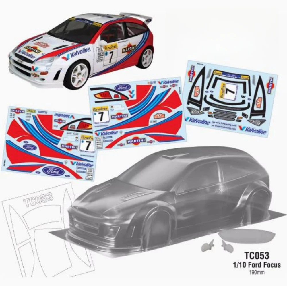 TC053 1/10 Ford Focus WRC Clear Lexan Body W/3D Rear Wing, Mirrors. 190mm RC Body shell. Tamiya tt01 tt02 Chassis