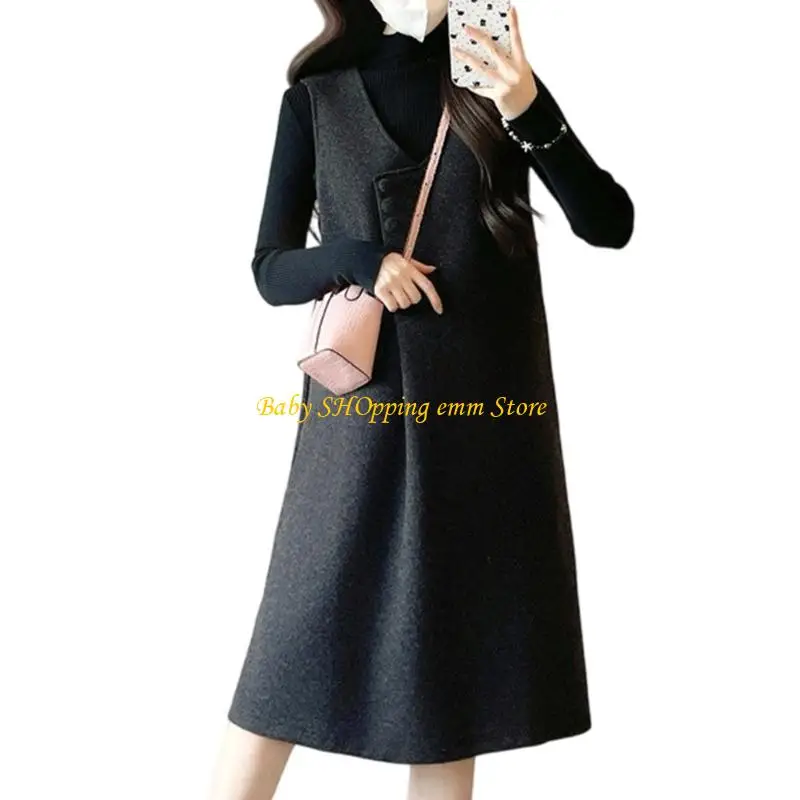 23gd-autumn-winter-pregnancy-large-size-midi-dress-comfortable-polyester-fabric-breathable-loose-fit-v-neck-easy-care