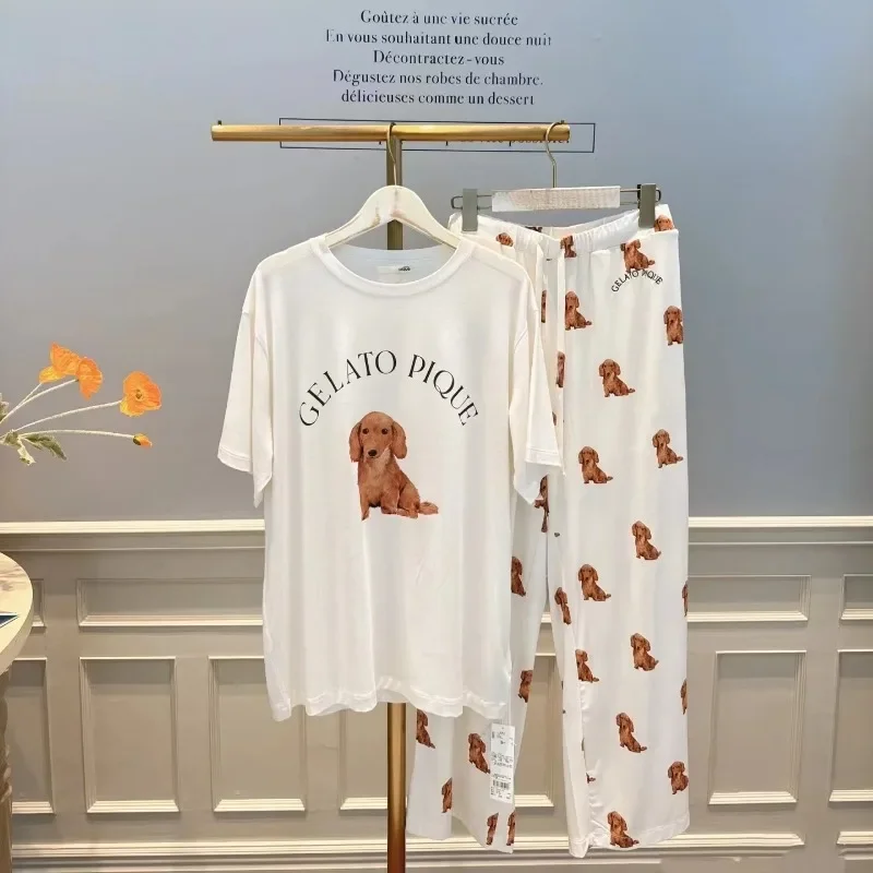 Summer Modal Casual Home Wear New Product Niche Design, Dog Print Short Sleeved Pants Pajama Set for Women's Outerwear