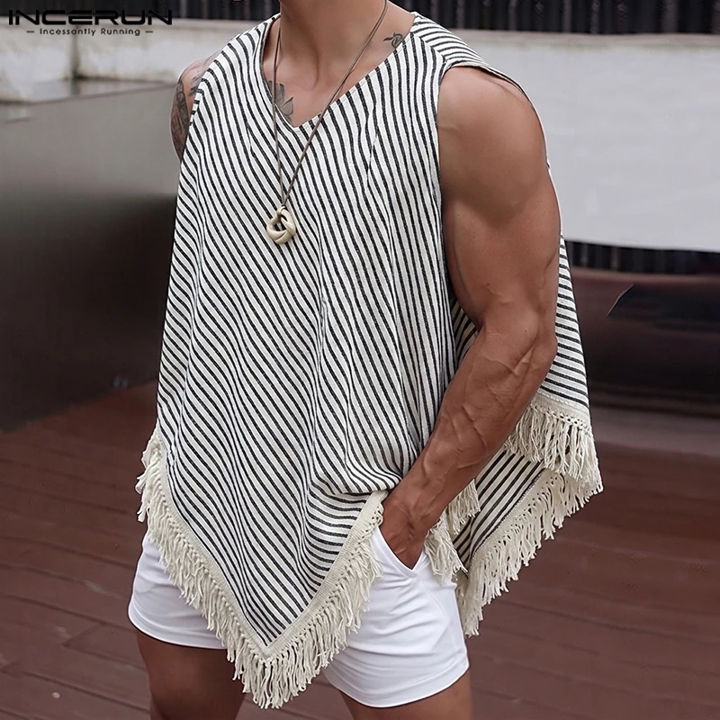 INCERUN Men Irregular Tank Tops Tassel Striped Patchwork V Neck Sleeveless Men Clothes Streetwear Fashion Loose Male Vests Tops
