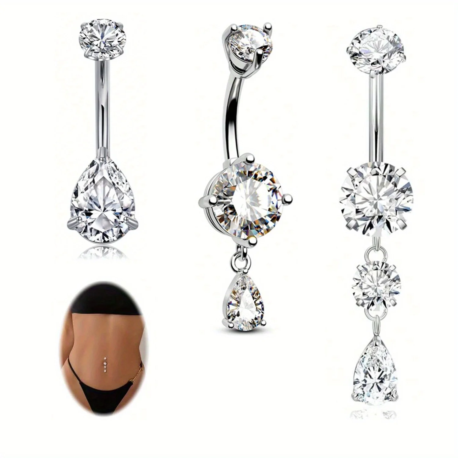 3pcs CZ Dangle Belly Button Ring Set, Stainless Steel