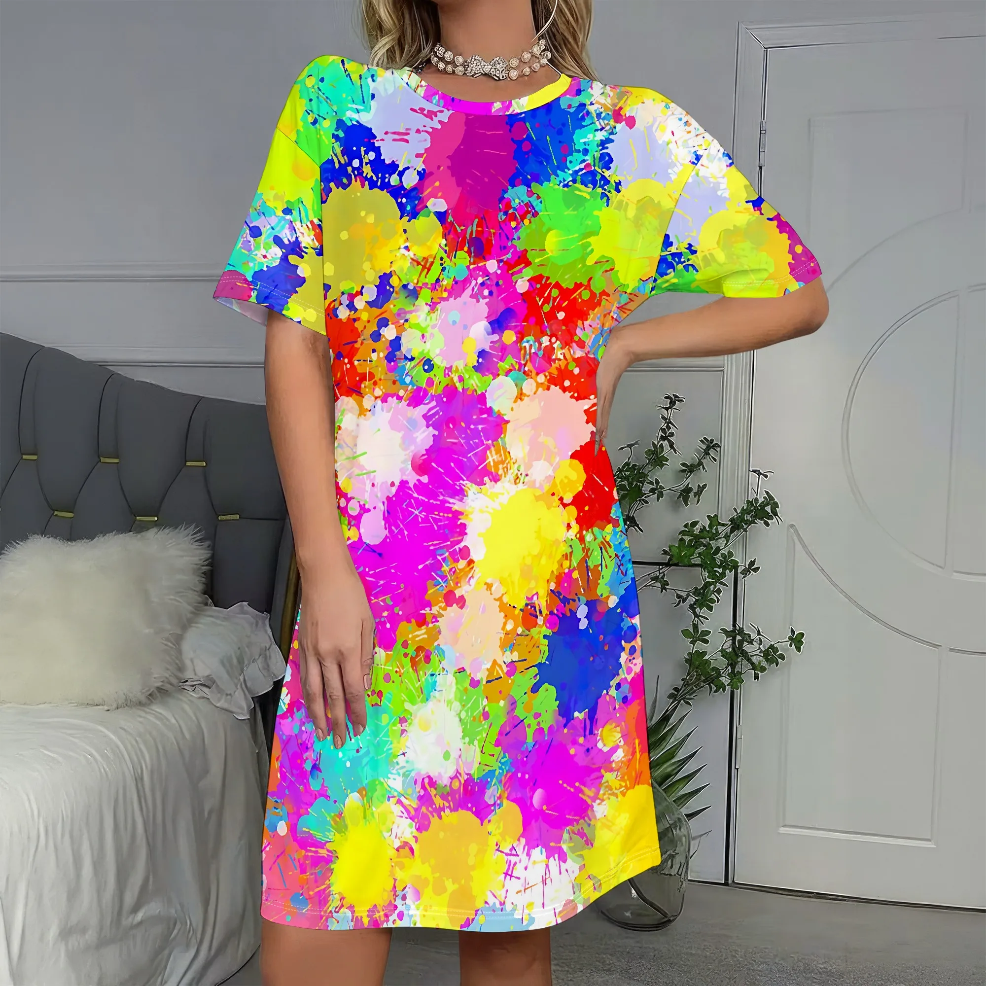 

Vibrant Splatter Print Short Sleeve Dress, Colorful Abstract Paint Pattern Tee Shirt Dress for Women, Casual Summer Wear S-2XL