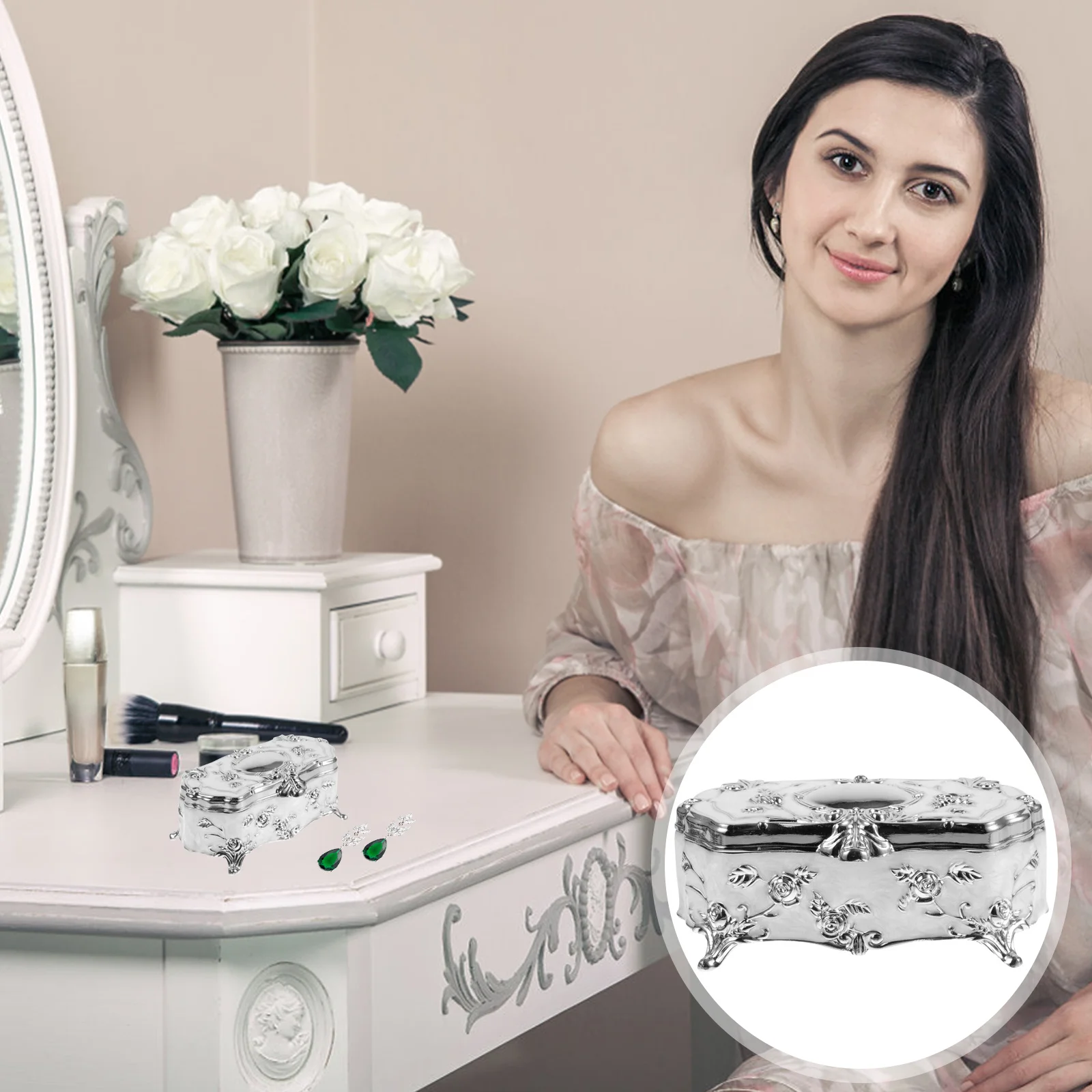 

Vintage Embossed Flower Jewelry Box Premium Alloy Trinket Organizer for Ring Earrings Necklace Storage Exquisite Desktop