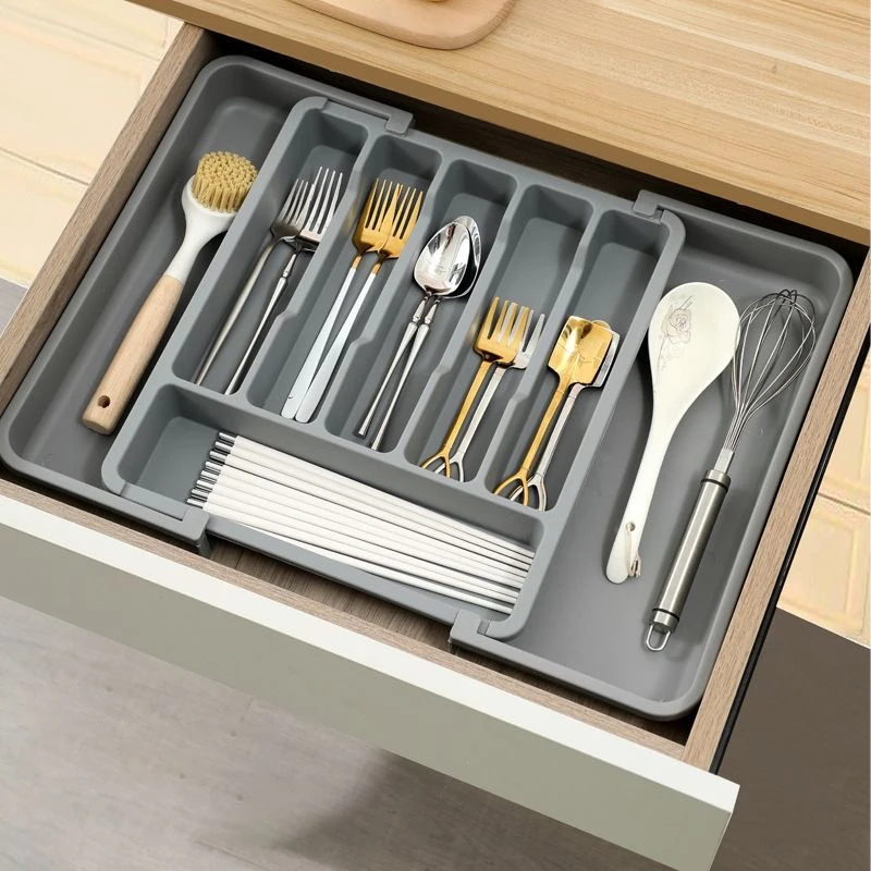 

Kitchen Silverware Drawer Organizer Expandable Plastic Utensil Storage Tray Spoons Forks Knives Cutlery Holder Organizer