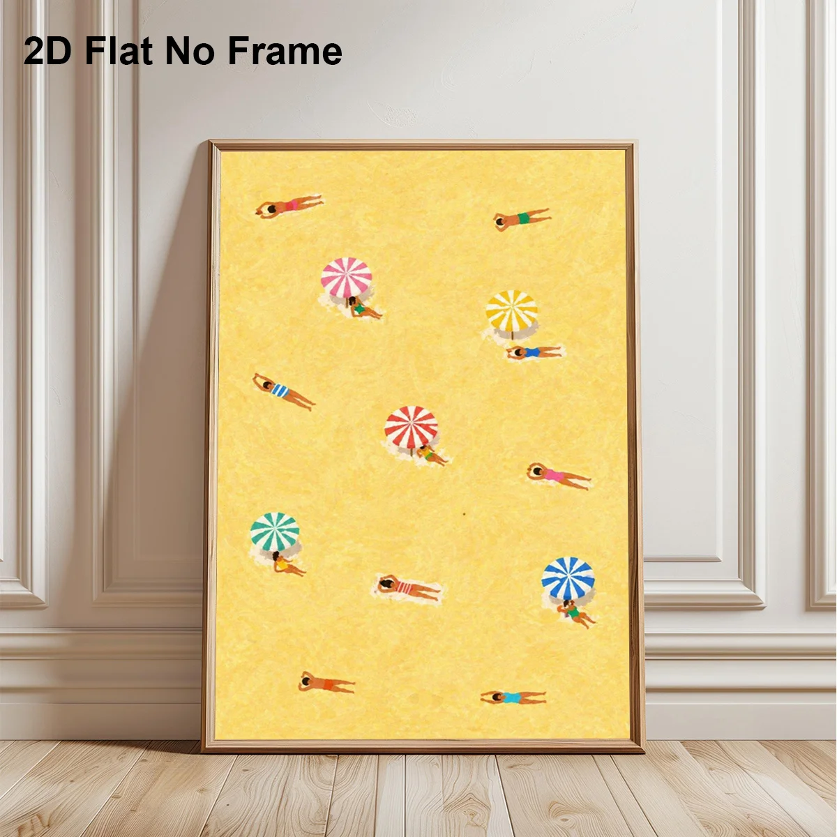 2D Flat, 1pc Modern Frameless Canvas Poster - Colorful Beach Wall Art Suitable for People Sunbathing & Striped Umbrellas Coas