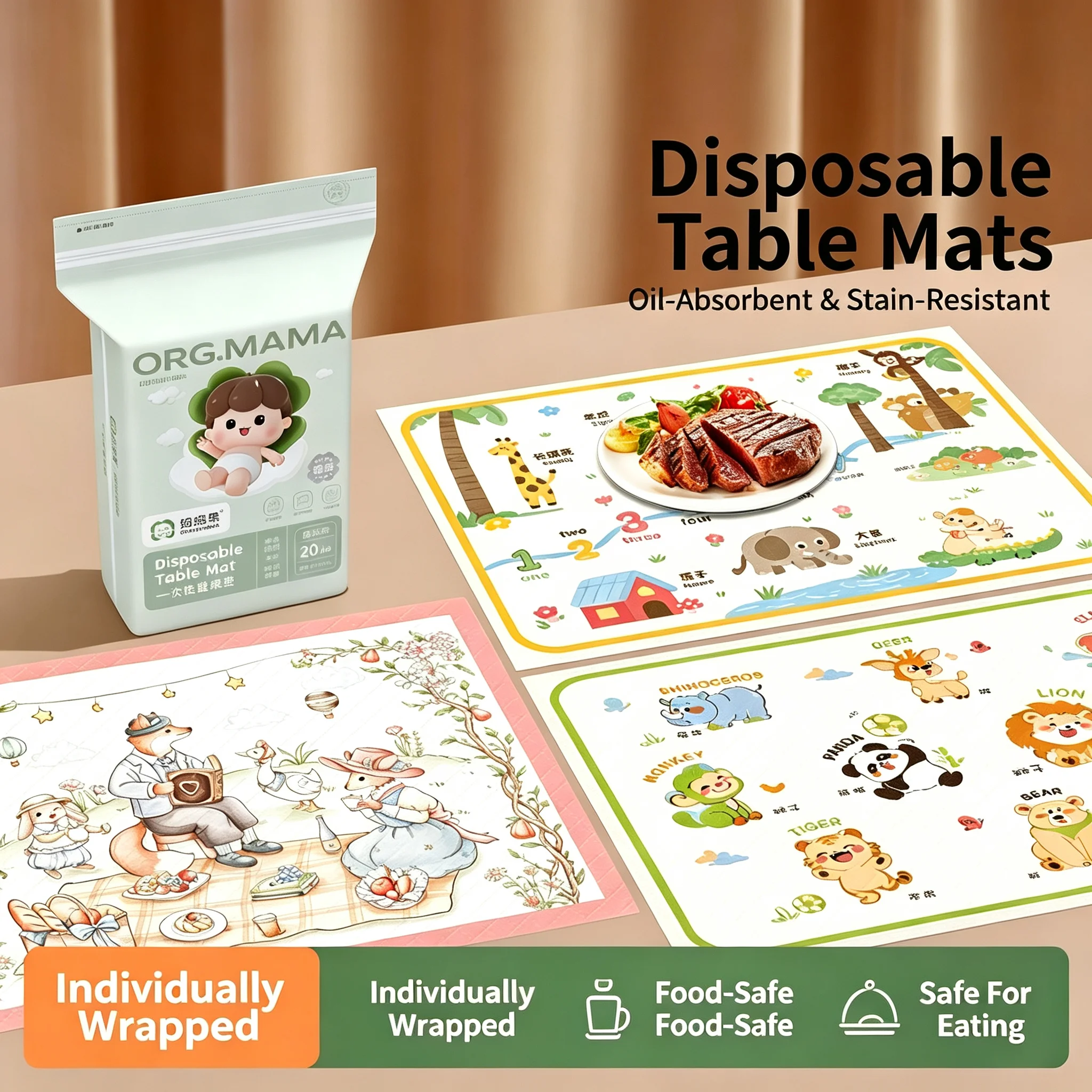 Printed Bibs Pack - 20 Pack Baby Disposable Table Mats