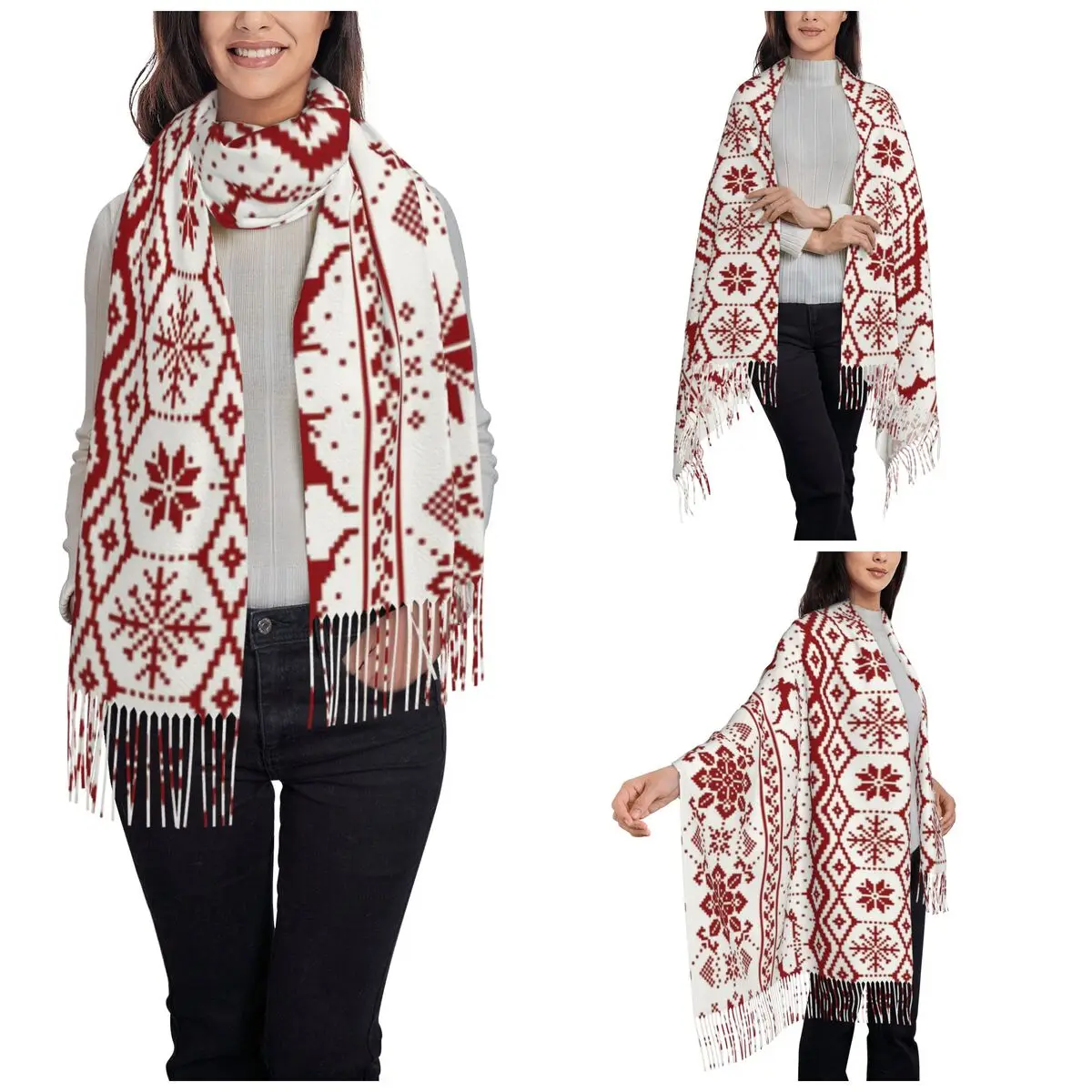 Christmas Reindeer Snowflake Deer Scarf for Womens Winter Warm Shawls and Wrap Nordic Single-sided Pattern Scarves with Tassel