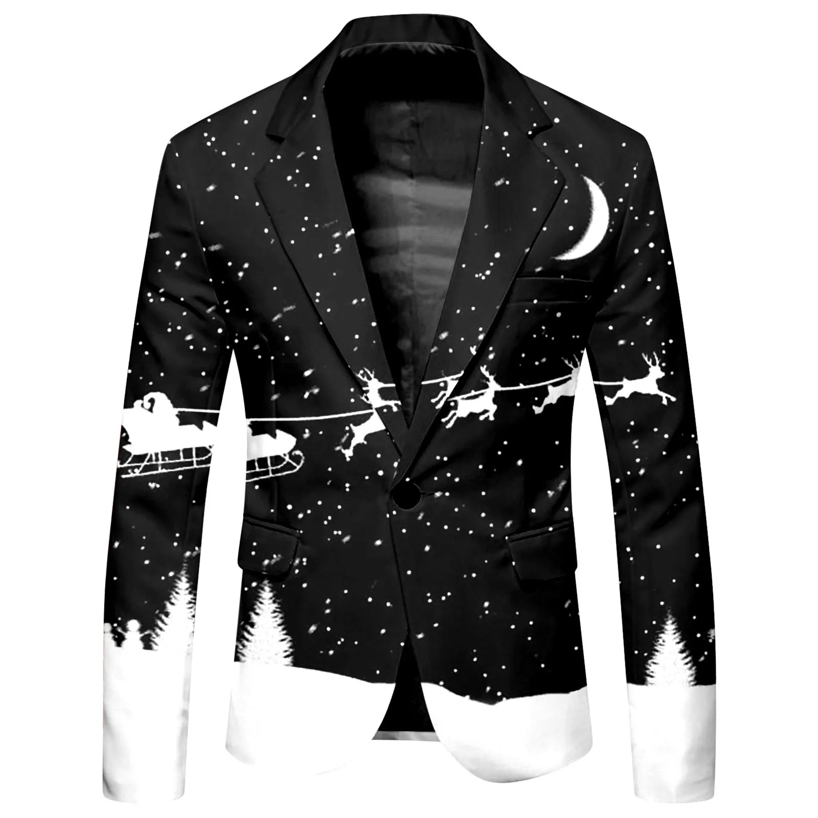 Men\'s Christmas Casual Suit Snowflake Elk Christmas Printed Pocket Lapel Button Suit Jacket Elegant Lapel Business black Jacket