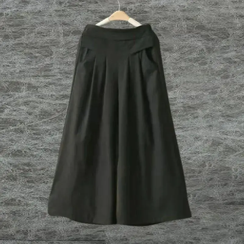 Pendant Cotton and Linen Thin Culottes Women's  Breathable Loose Wide-leg Pants Literary Elastic High-waisted Nine-point Pants