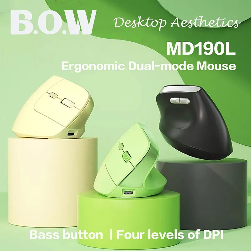 B.O.W MD190L MAX Ergonomic Dual-mode Wireless Bluetooth Mouse with Silent Function, Stand-up Rechargeable Vertical Office Laptop