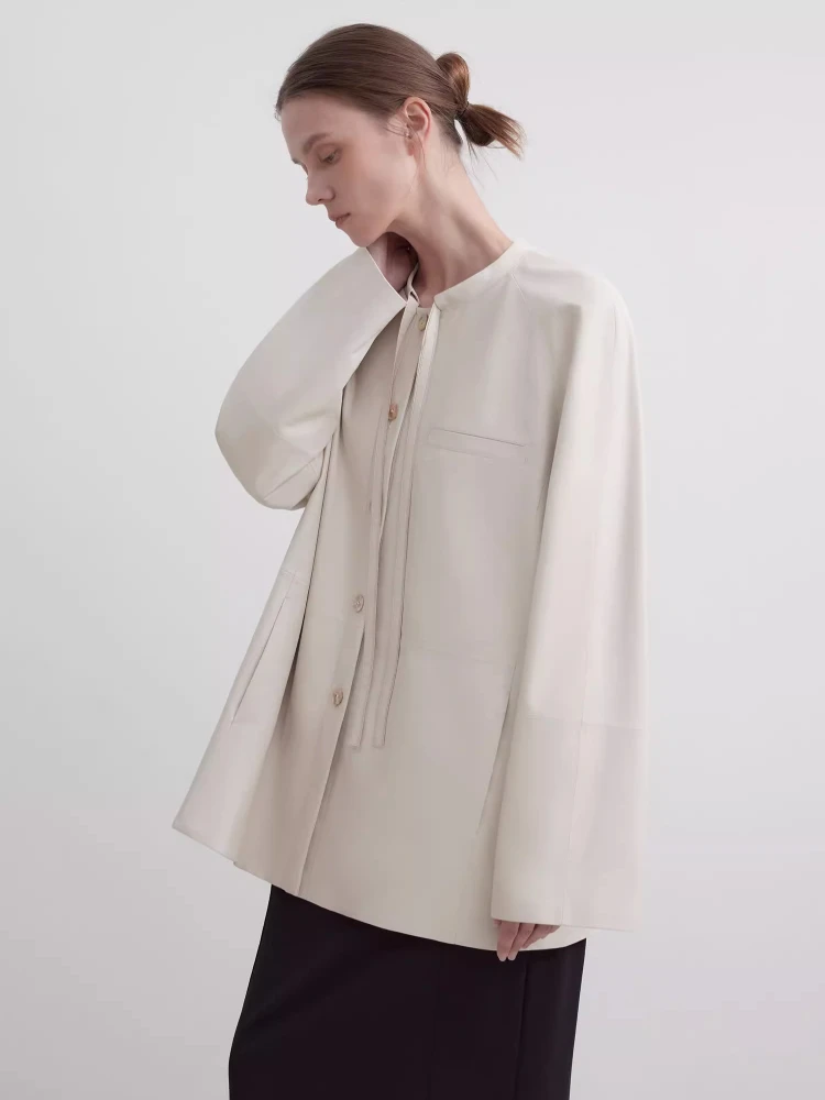 Mid-length Genuine Leather Jacket for Women Spring Autumn High-end Soid Simple Drawstring O-neck Design Soft Real Sheepskin Coat
