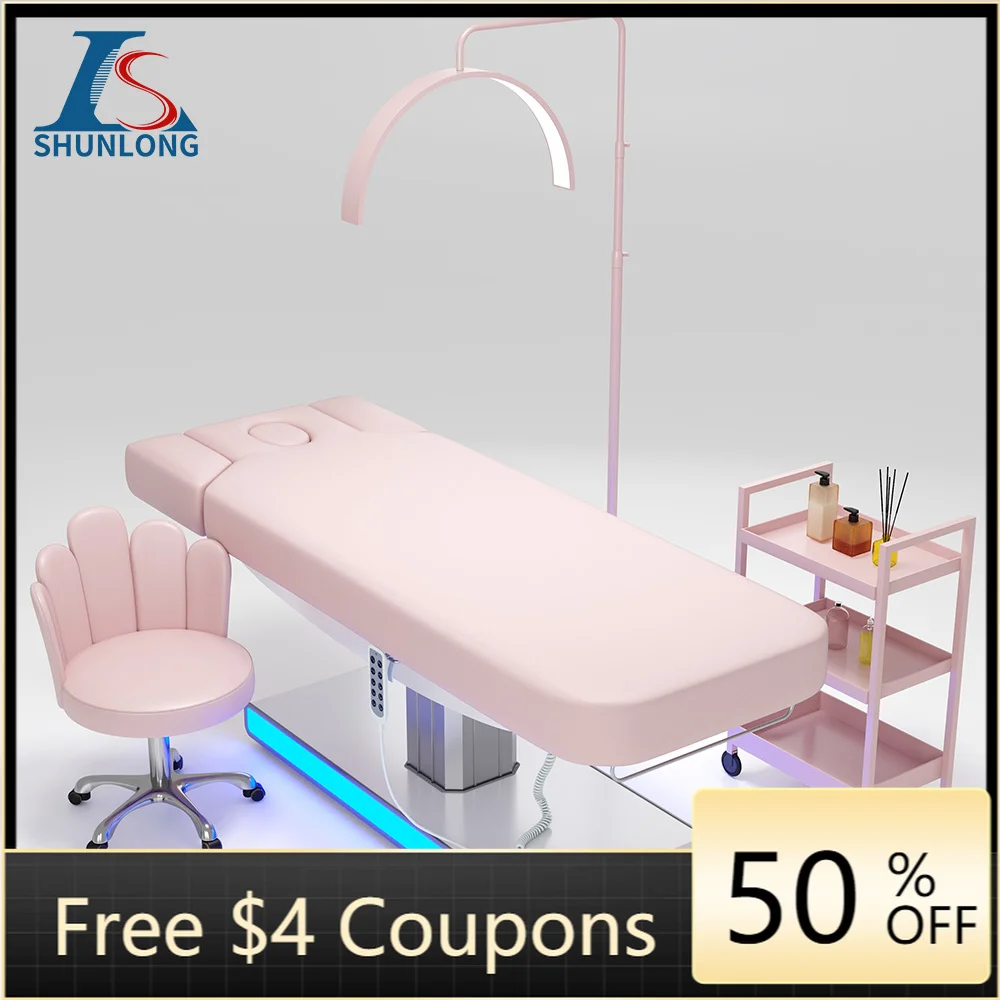 Electric Facial Massage Bed Pink PU Single Aluminum Column Lift LED Ambient Light Reclining Beauty Table, With Pink Technician C