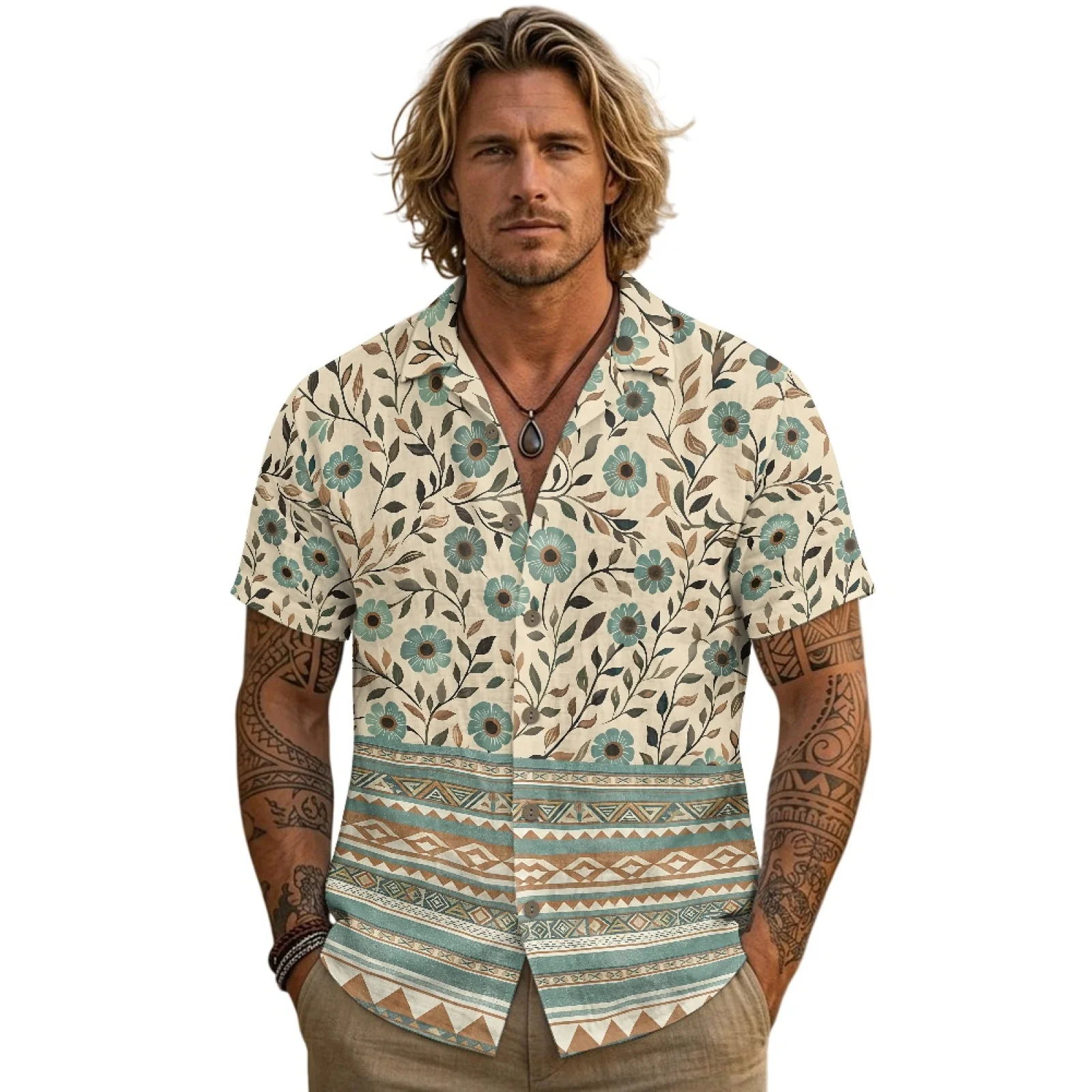 PENSTROLL Single Breasted Linen Style Men's Shirts Breathable Men's Short Sleeve Top for Wedding Floral Geometric