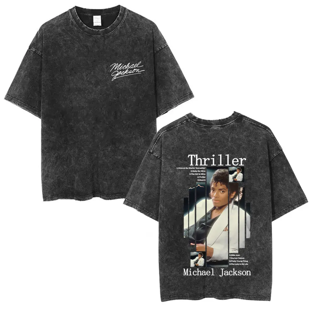 

Classic Washed Vintage Michael Jackson Thriller Album Graphic T Shirt Men Women Retro Gothic Rock Oversized Short Sleeve T-shirt