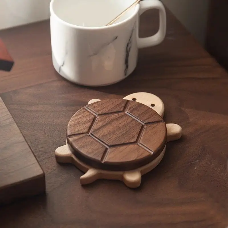Premium Solid Beech Wood Turtle Coaster Cute Cartoon Heat Resistant Table Mat for Home Kitchen Dining Desk Rotating Coaster