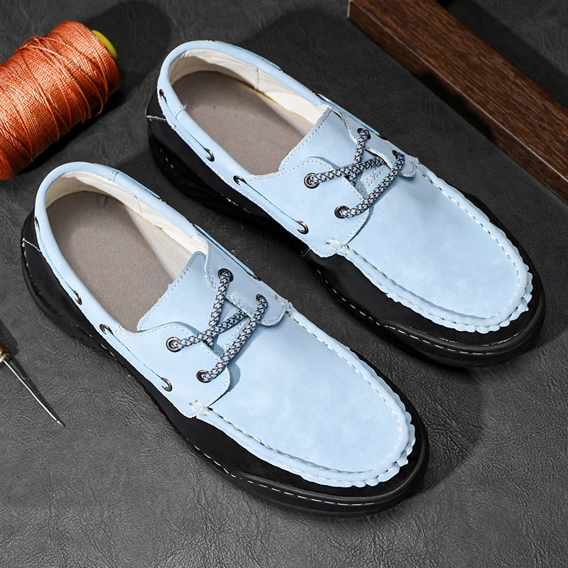 أحذية جلد مدبوغ كلاسيكية مصنوعة يدويًا للرجال ، أحذية بدون كعب جلدية غير رسمية برباط ، مسطحة مريحة للقيادة ، أحذية مشي