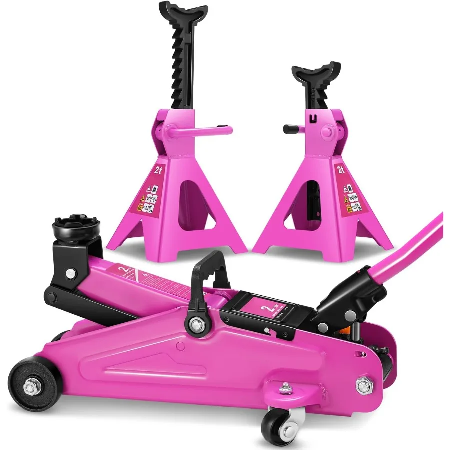 Combinación de cric de piso de servicio de carrito hidráulico de perfil bajo con 2 soportes de gato de trinquete, capacidad de 2 toneladas y 4000 libras, color morado, ideal para automóvil