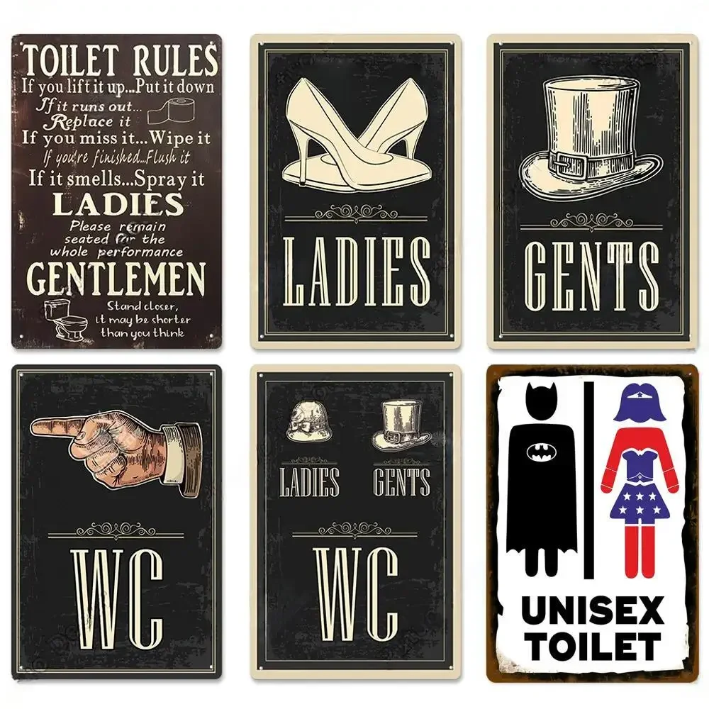 Vintage Assorted Restroom Toilet Tin Sign Set, Retro Gents Ladies Unisex WC Metal Wall Art, Rustic Bathroom Decor Plaques for Pu