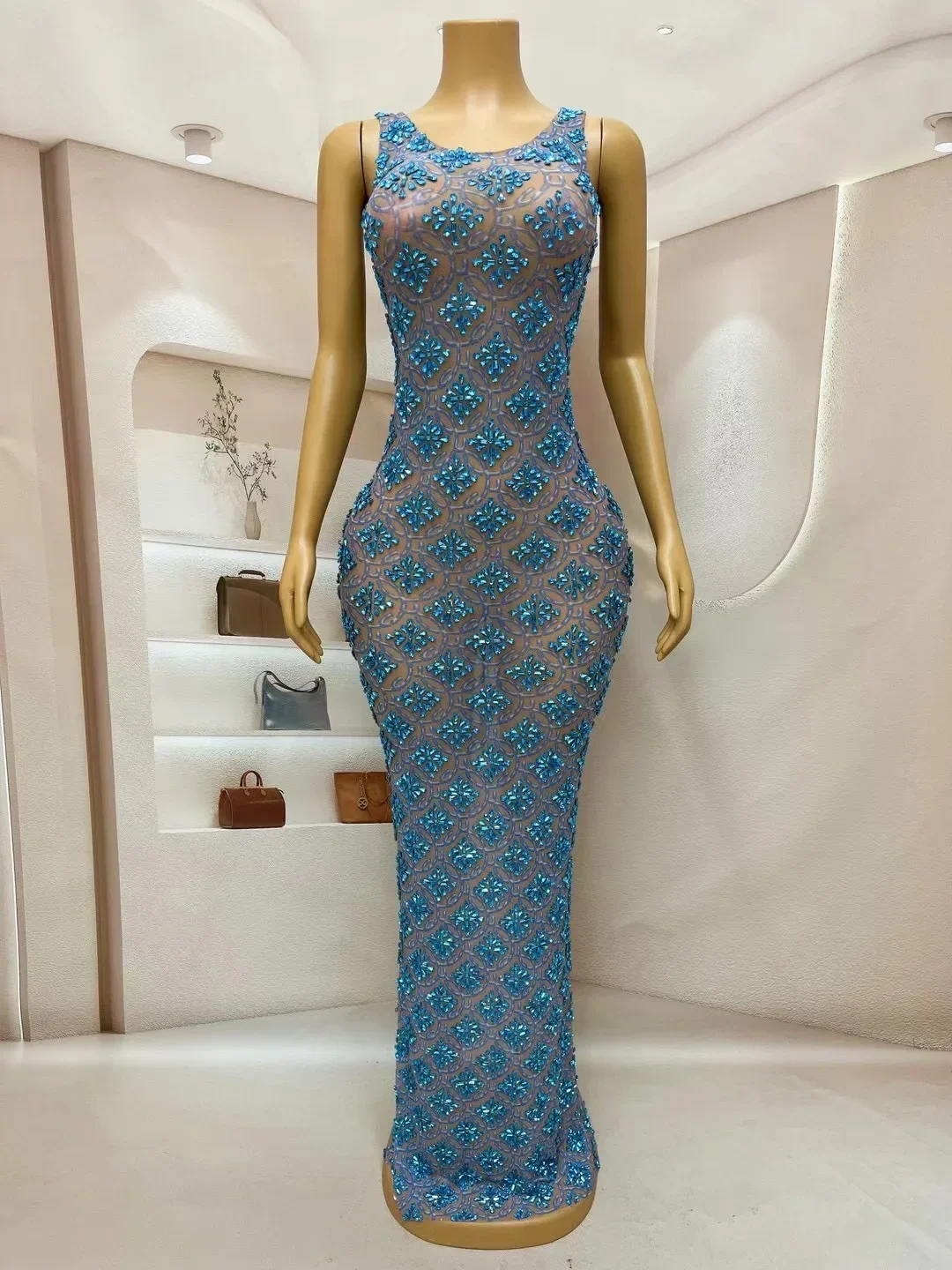 Blue Mesh Celebrate Evening Birthday Party Dress Photograph Wear Stage Costume Sparkly Rhinestones Sleeveless Long Dress