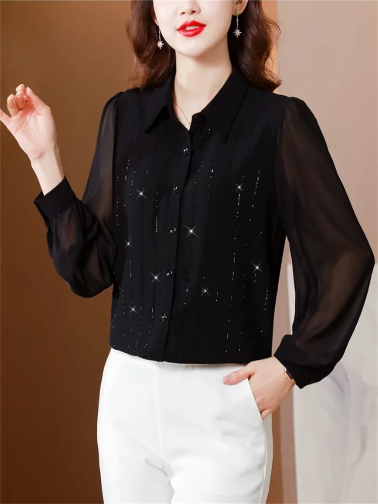 Black Chiffon Shirt Women's Blouse Bright Silk Thread Top Polo Neck Long Sleeve Cardigan Blous Hot Diamond Shirt Top OL Blous