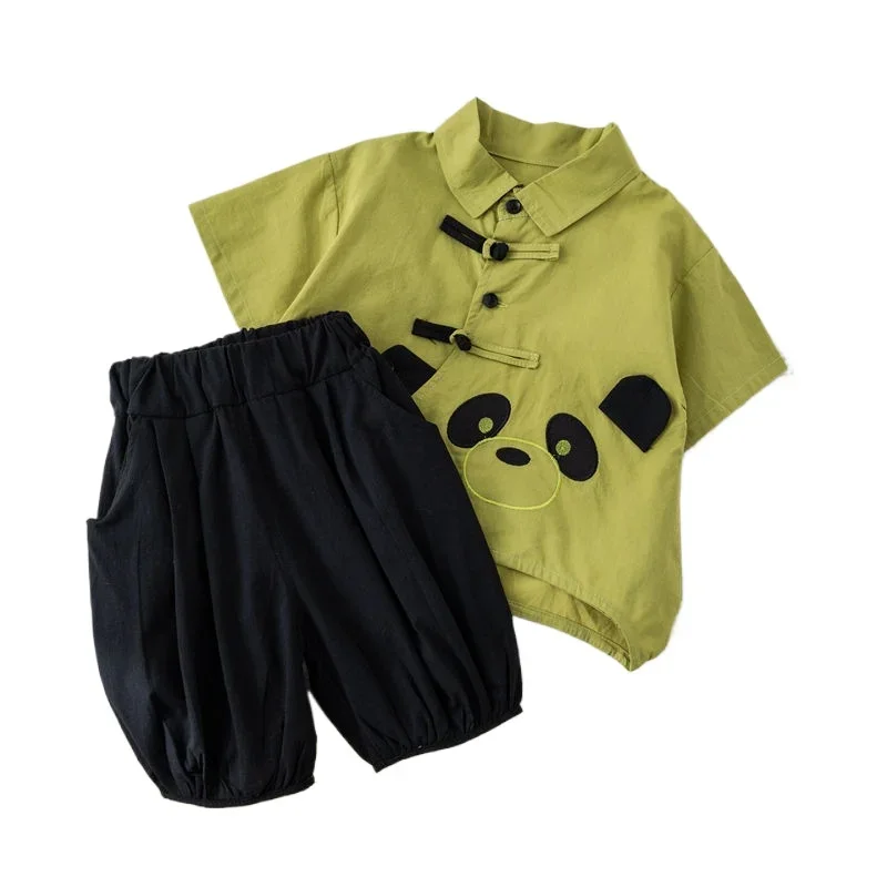 Children Cotton Summer Kids Boys Cartoon Green Panda Shirt Shorts Sport 2Pcs/Set Infant  Toddler Tracksuits 1 2 3 4 5  Years