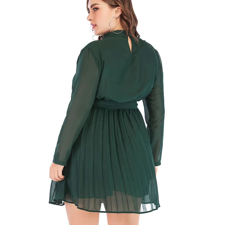 New Casual Dresses Long-sleeved Stand-up Collar Solid Color Pleated Chiffon Dress Fashion Plus Size Women Straps Elegant Dresses