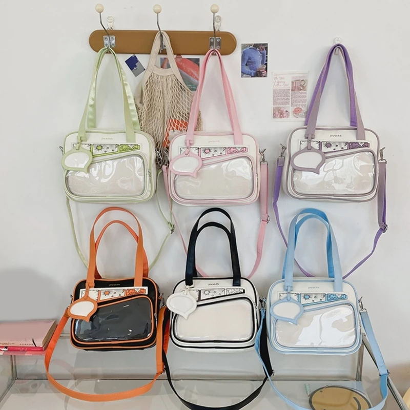 School Girl Transparent Bag Clear Crossbody Bag PU Leather Itabag Anime Pin Display Colorblock Handbag Book Bag