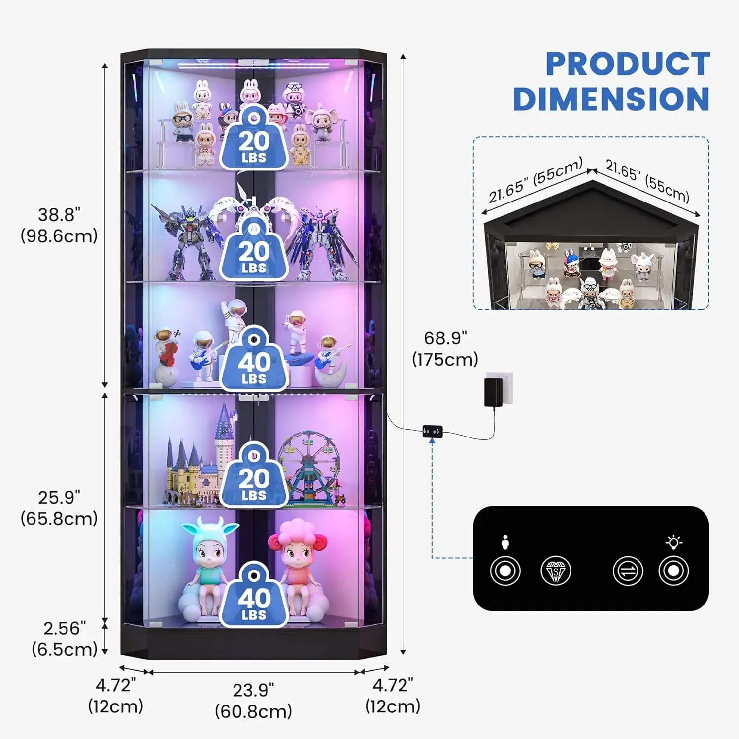 Black 69 Inch Tall 5 Tier Lockable RGB Lighted Corner Display Curio Shelf for Collectibles Living Room Storage Bookcase