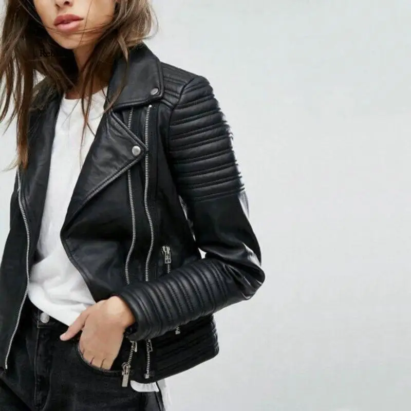 

Fashion women's autumn winter motorcycle faux leather jacket ladies long sleeve motorcycle punk street wear black coat