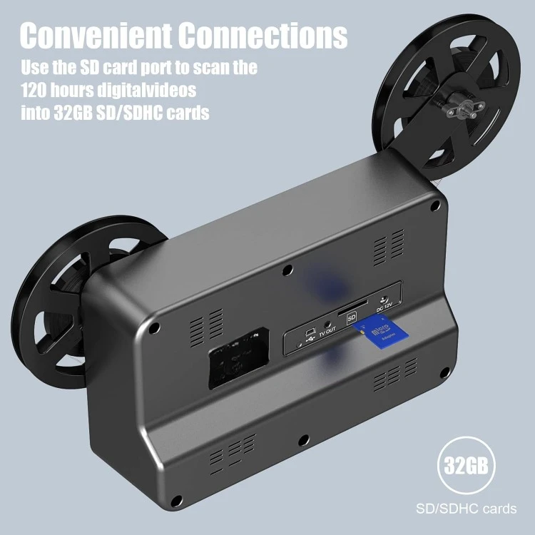 Conversor de filme para digital de 8 mm e super 8, digitalizador de scanner de filme com tela de 2,4", converte carretéis de 3 "5" 7 "9" em 1080P digital