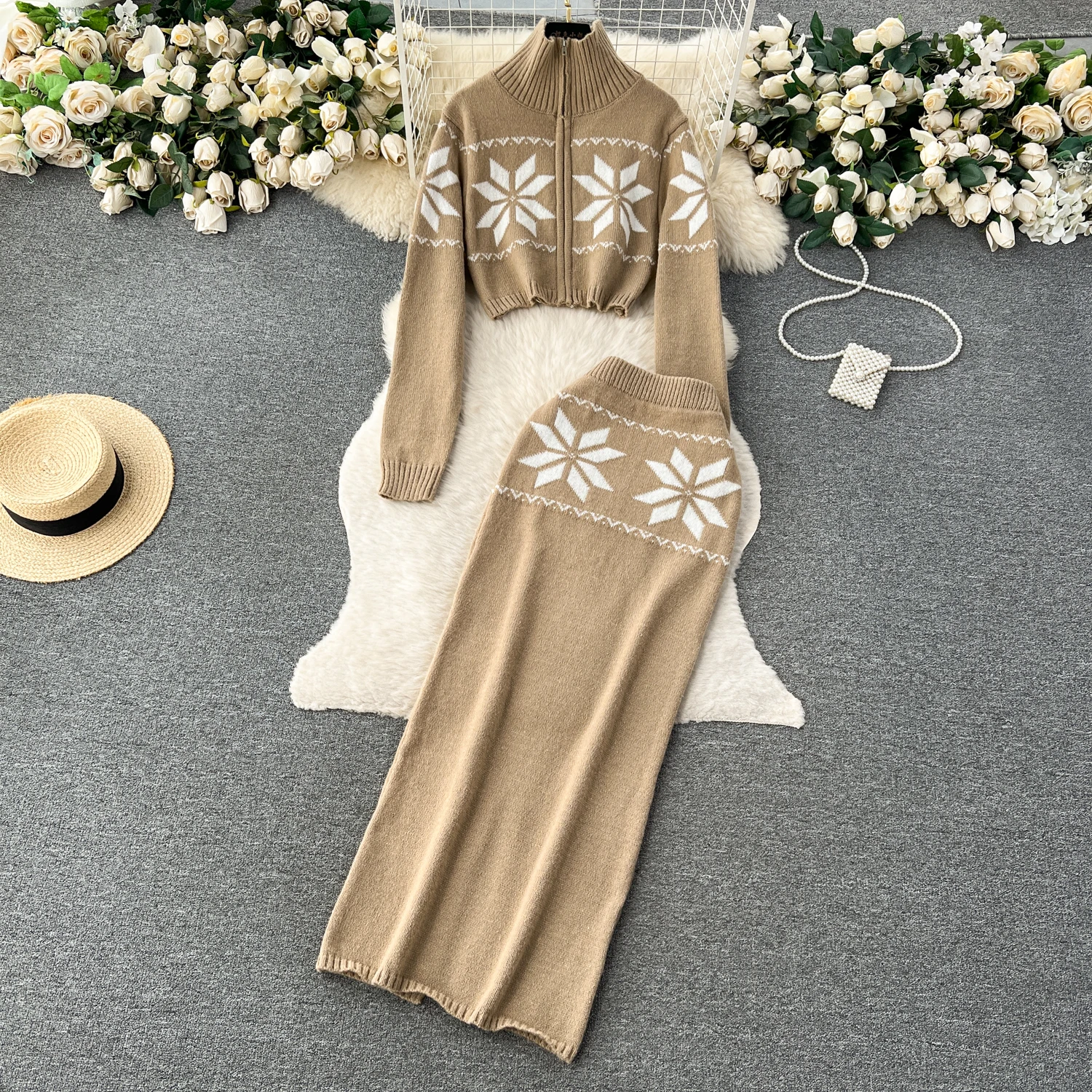 Women Chic Retro Two Pieces Sets Autumn print loose zipper basics knit sweet High Waitst Wide Skirt Fashion Summer Sets