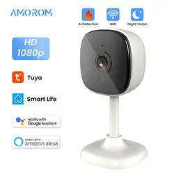 Tuya-Caméra de surveillance intérieure IP WiFi HD 1080p, dispositif de sécurité sans fil, babyphone vidéo, avec vision nocturne, détection AI et protocole P2P, compatible avec Alexa et Google Home