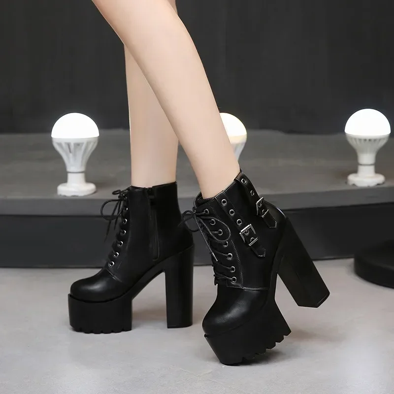 Women\'s Goth Platform Boots Sexy Round Toe Block Heeled Shoes Buckle Strap Ankle Boots for Women Punk Style