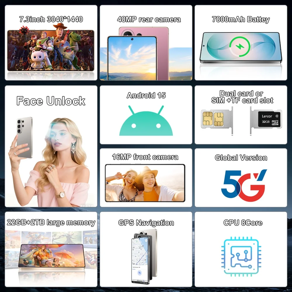 K-Touch Smartphone For S26 Ultra 5G Cell Phone 7.3 Inch 7800mAh Battery Mobile Phones Full Display Android 48MP Camera 22GB RAM 2TB ROM Face ID 5G Dual SIM Unlocked Android 15 Cell Phone with FM Radio GPS