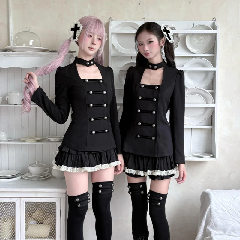 Japanese Subculture Long Sleeve Top Double Breasted + Mini Skirt Two-Piece Set Women Casual Y2k Vintage Bodycon Outfit 2026