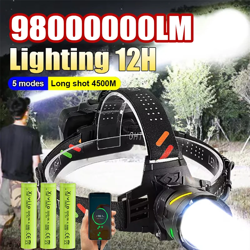 

Мощный светодиодный фонарь 98000000 лм, суперяркий, дальность 4500 м, с зумом, перезаряжаемый, для активного отдыха, кемпинга, рыбалки