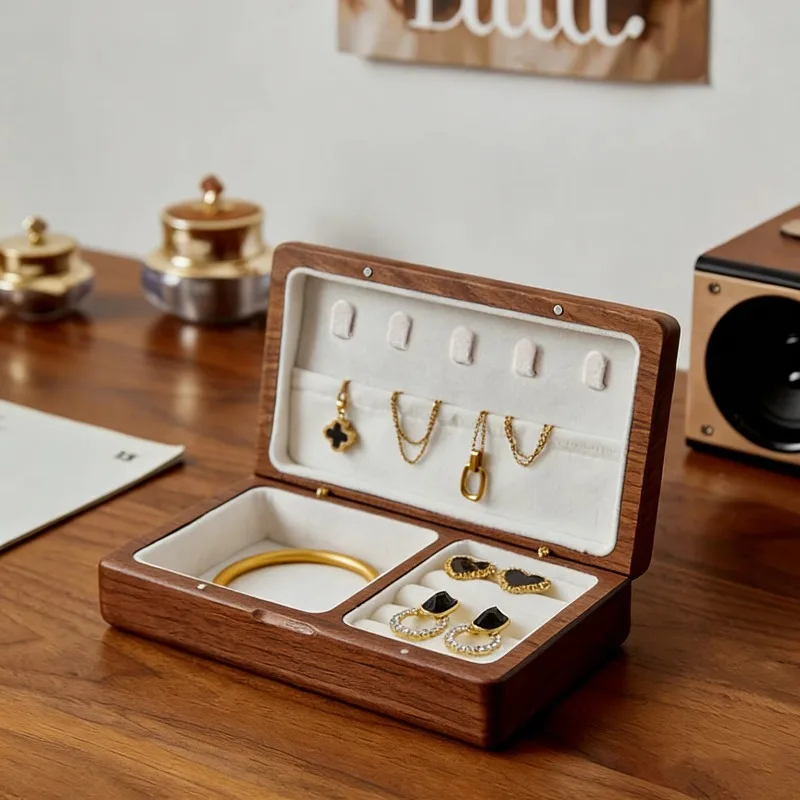 XMSJ High-End Black Walnut Wood Rectangle Exquisite Velvet Magnetic Closure Multifunctional Portable Jewelry Box For Necklace Ri