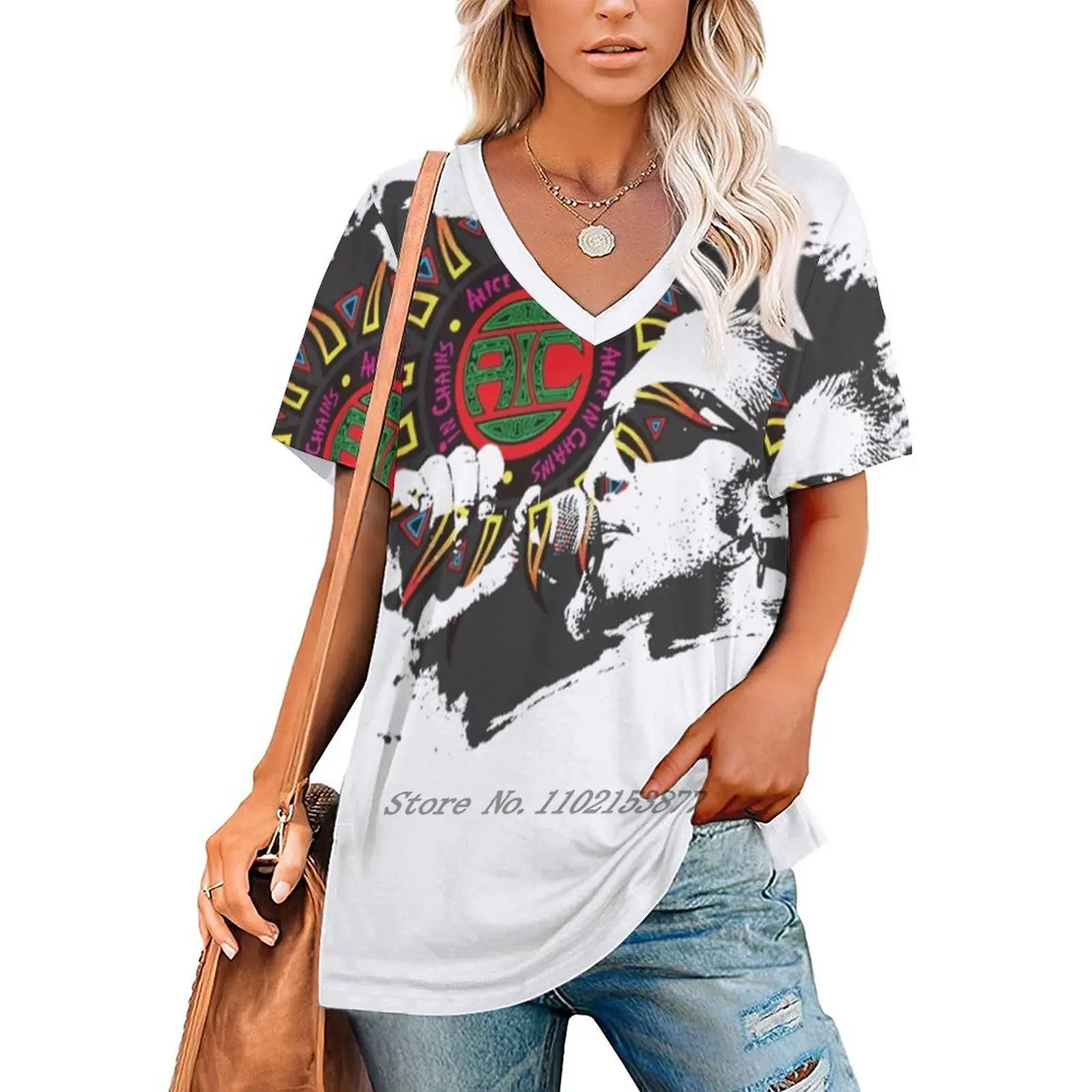 Alice In Chains Women's Clothing V-Neck Tops Zipper Tee Ladies Casual Sexy T-Shirt Alice In Chains Music Grunge Heavy Metal