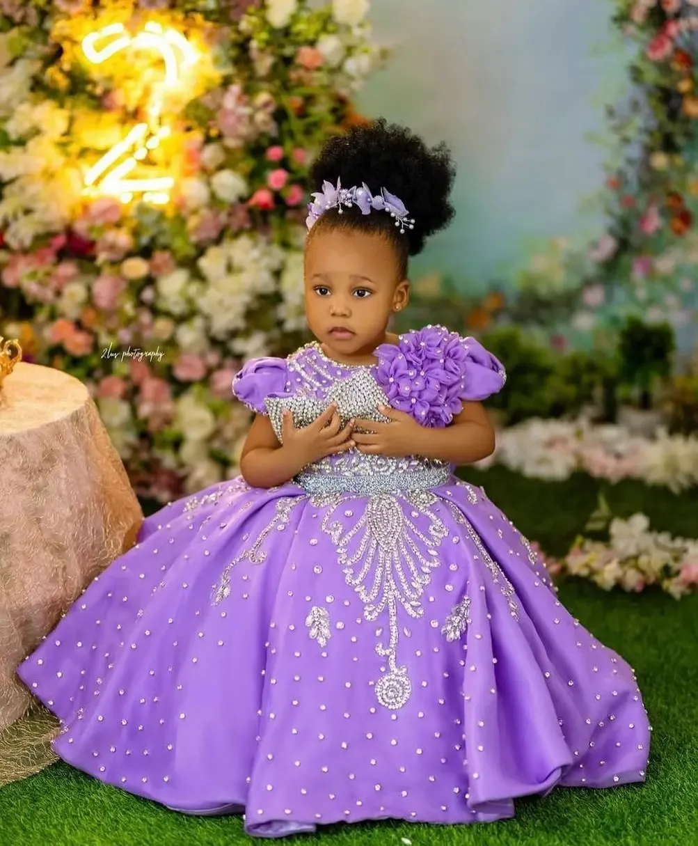 Luxury Lavender Girls Birthday Dress Beading With Bow Floral Flower Girl Dresses Queen Ball Gowns for Wedding Party Customized image 4
